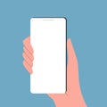 Hand holding smartphone. Mobile phone or cellphone with empty screen in hand. Vector illustration. Royalty Free Stock Photo